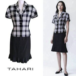 Tahari ASL Linen Blend Short Sleeve Plaid Black & White Skirt Suit Size 4